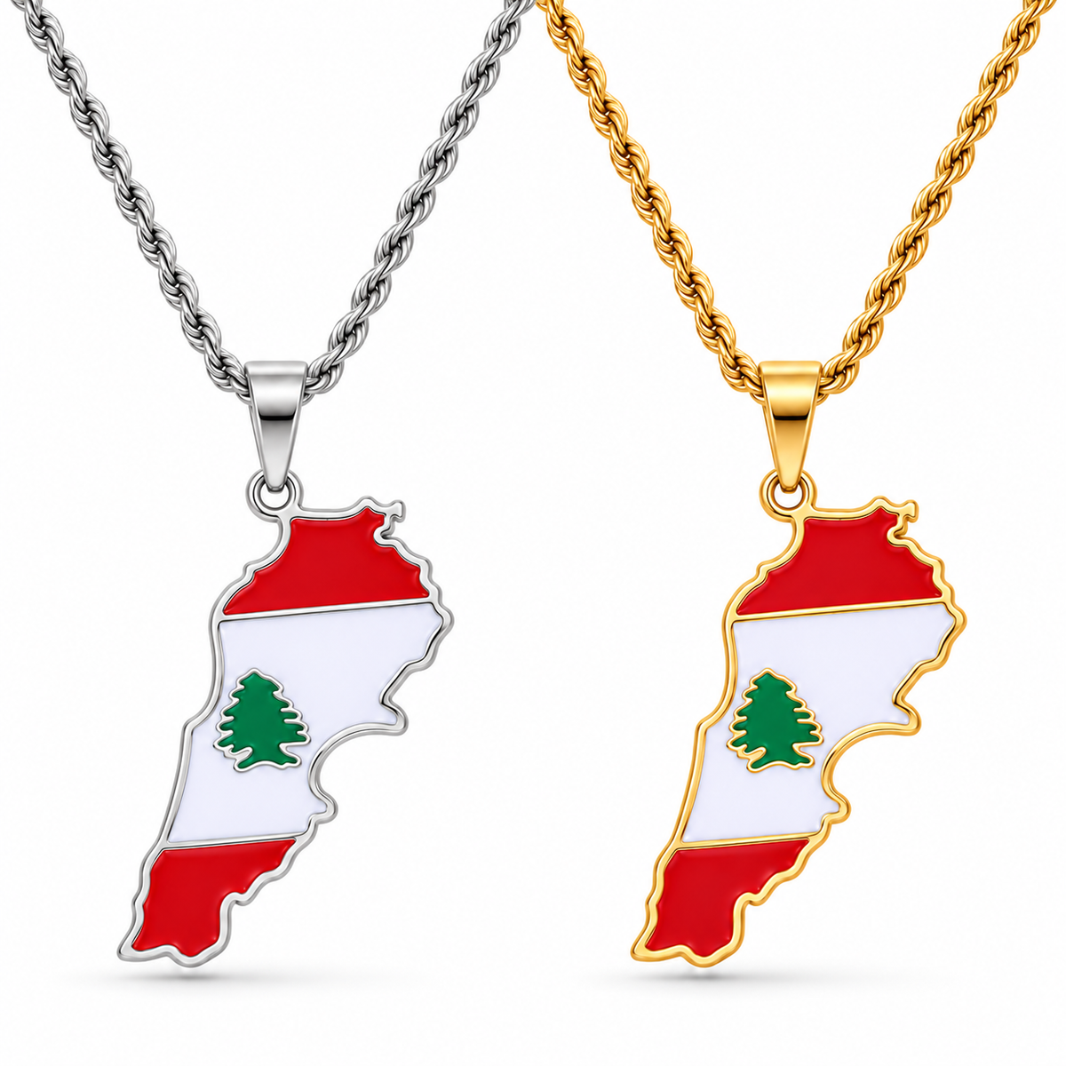 Lebanon map/flag pendant necklace in gold/silver