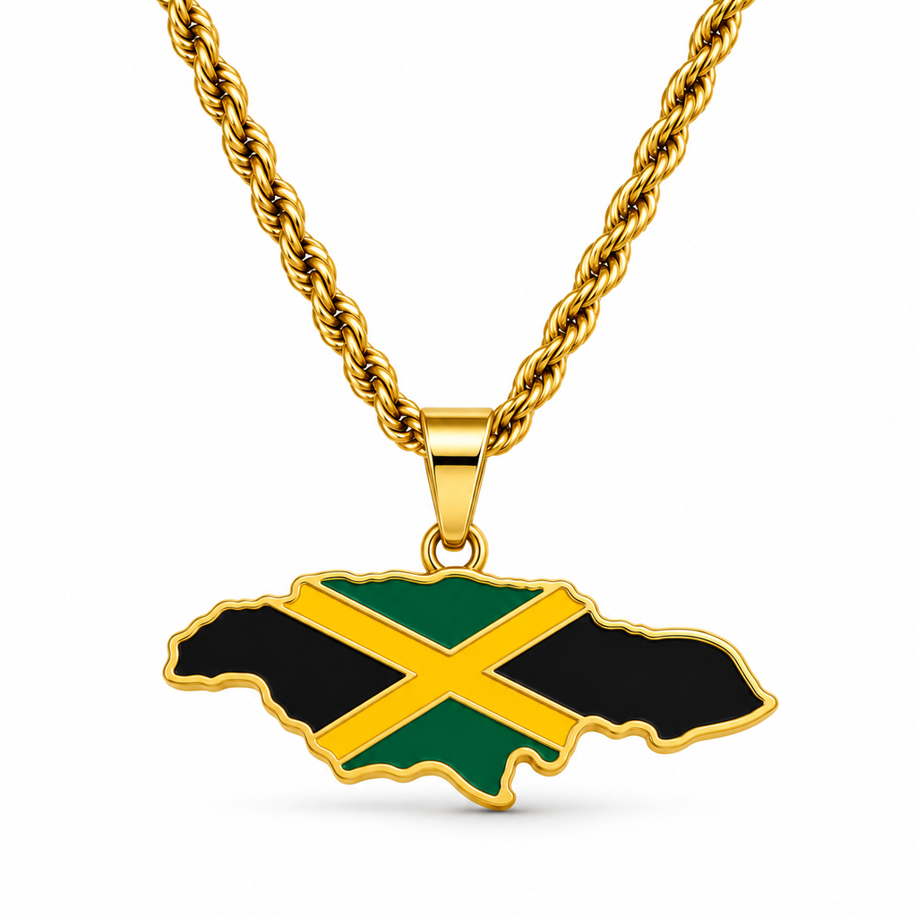 Jamaican map/flag pendant necklace in gold/silver