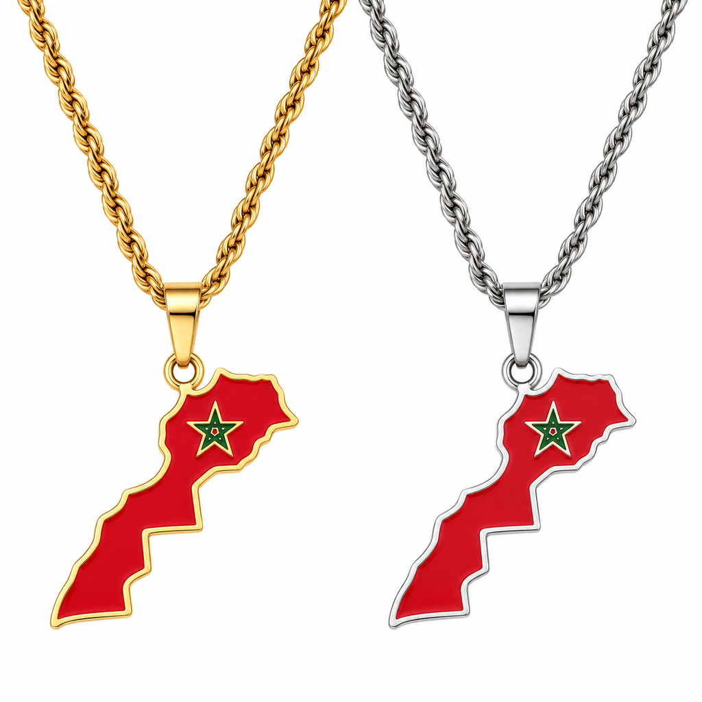 Morocco map/flag pendant necklace in gold/silver