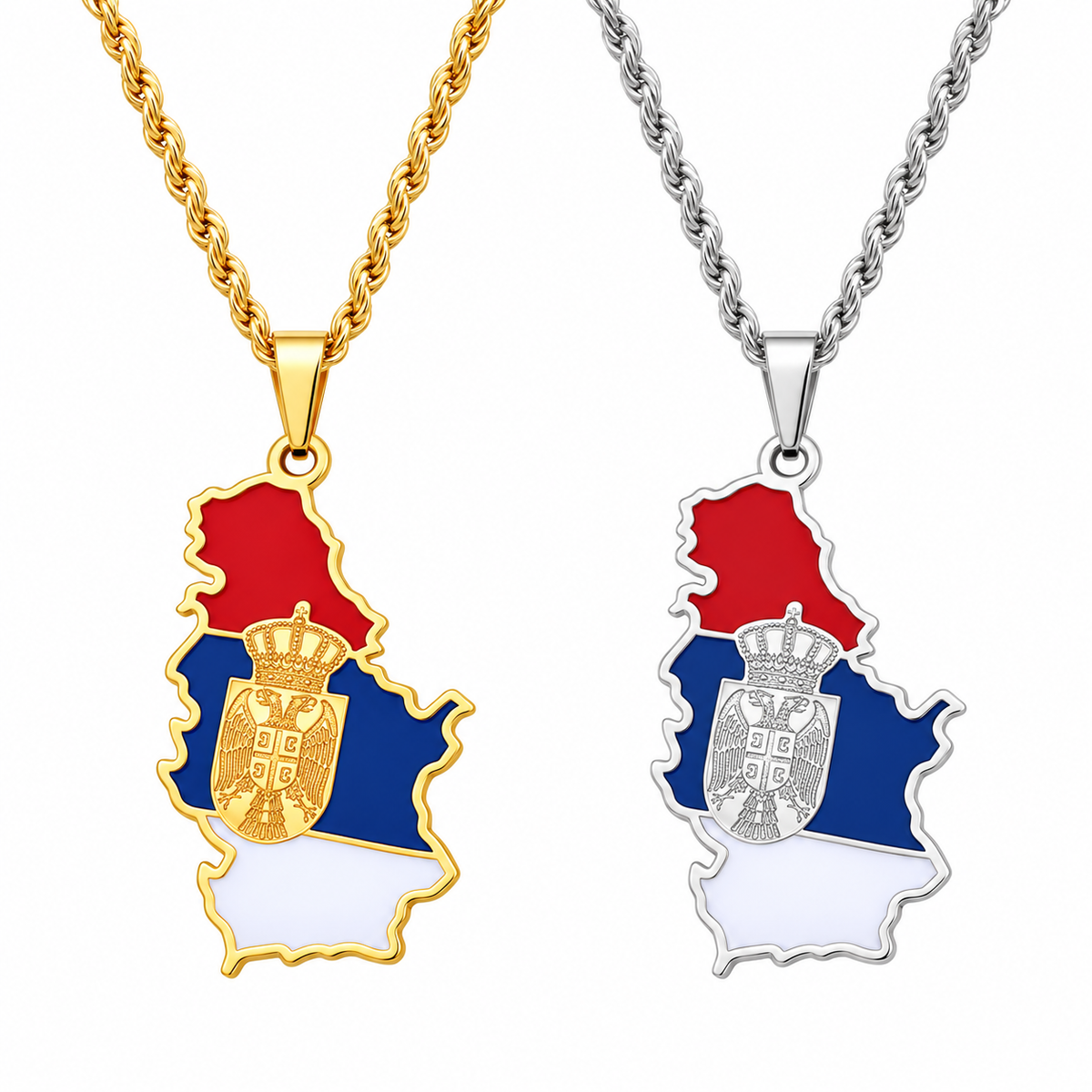 Serbia map/flag pendant necklace in gold/silver
