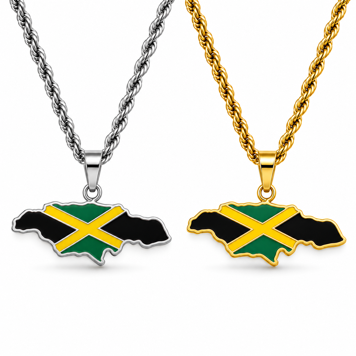 Jamaican map/flag pendant necklace in gold/silver
