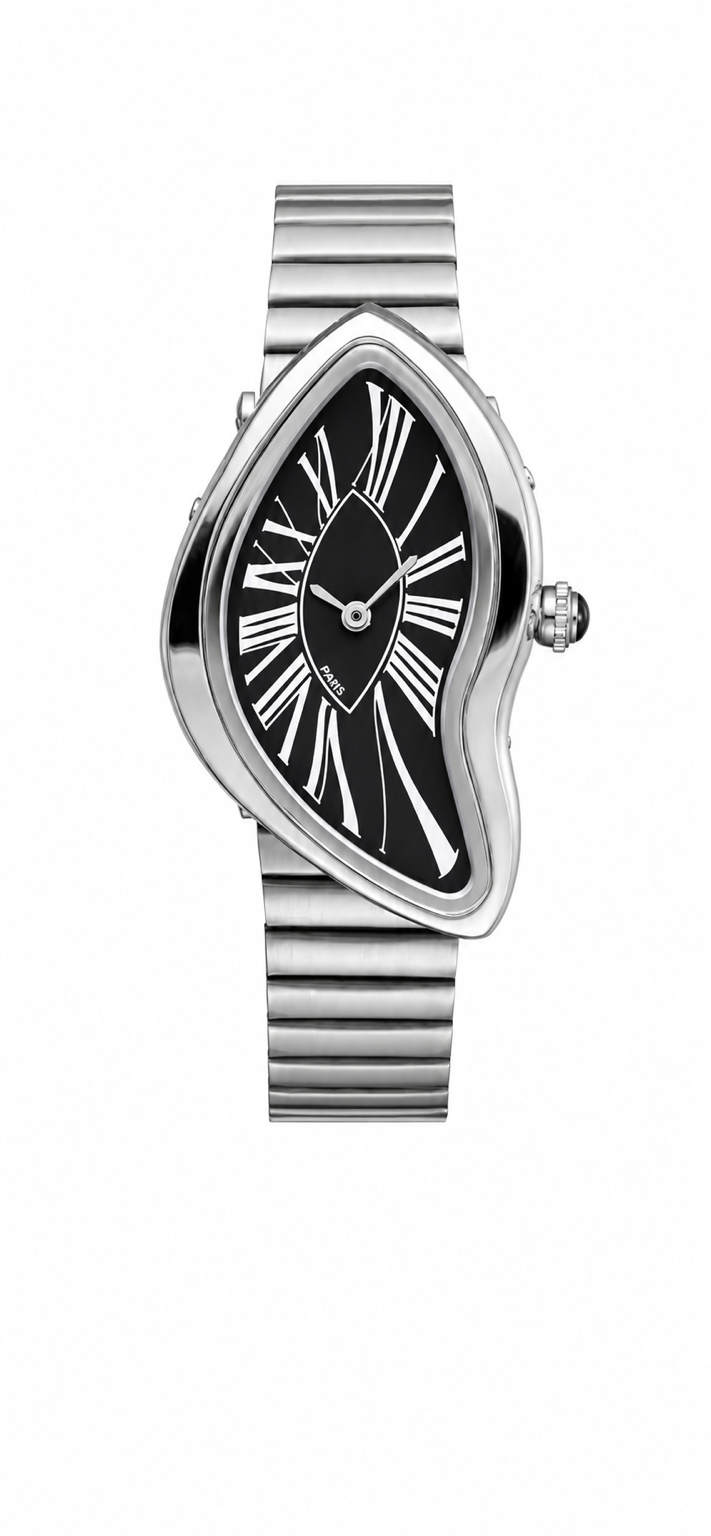 Asymmetrical Stainless Steel Wristwatch with Black Roman Numeral Dial