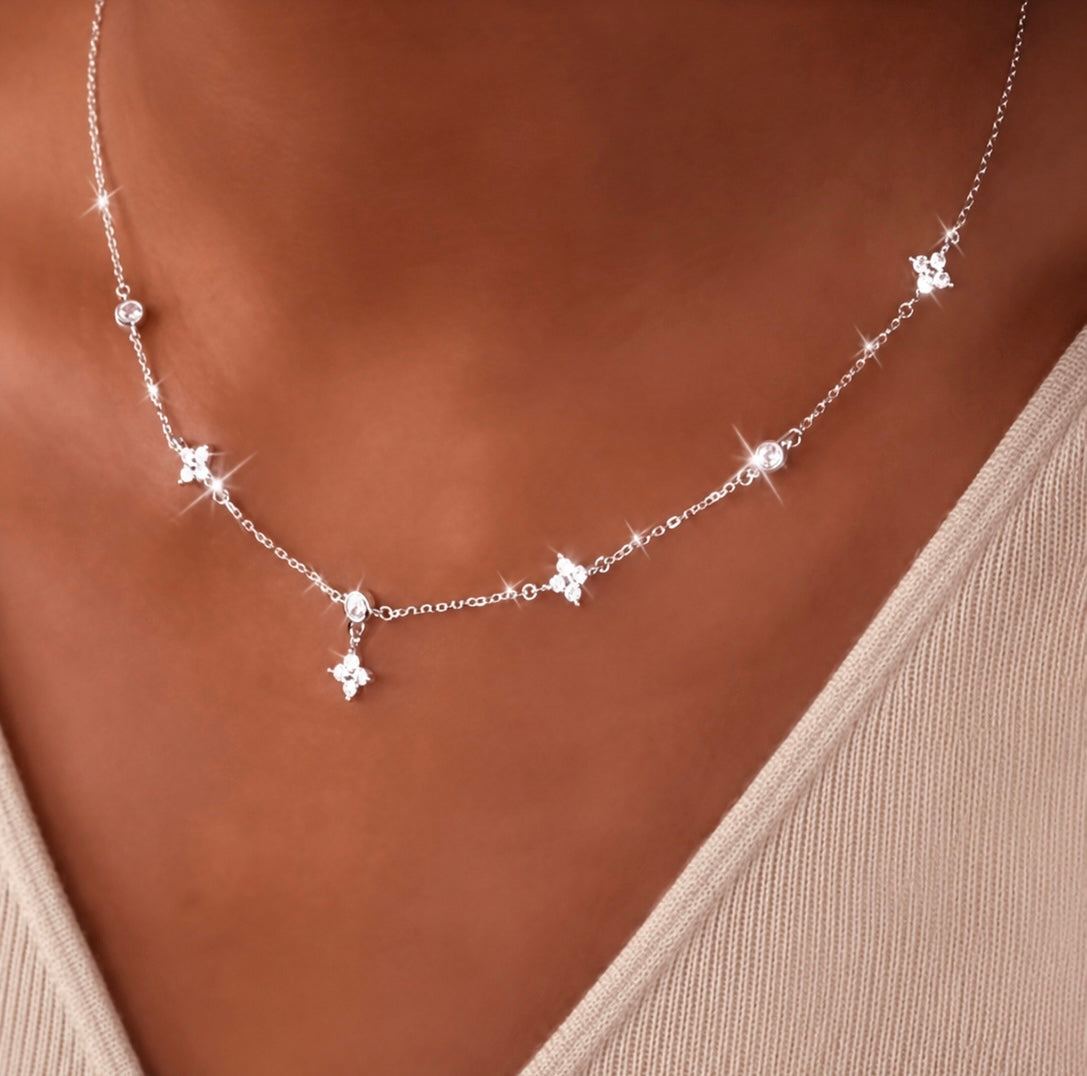 S925 Sterling Silver Sparkling Floral Necklace