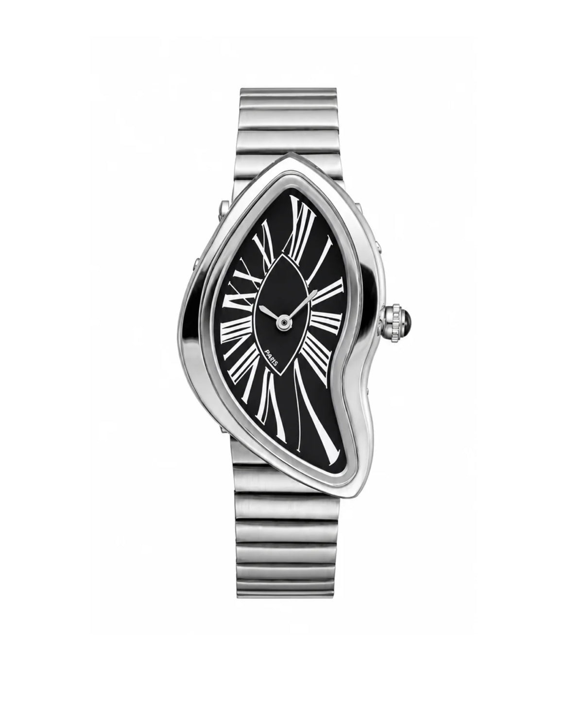 Asymmetrical Stainless Steel Wristwatch with Black Roman Numeral Dial