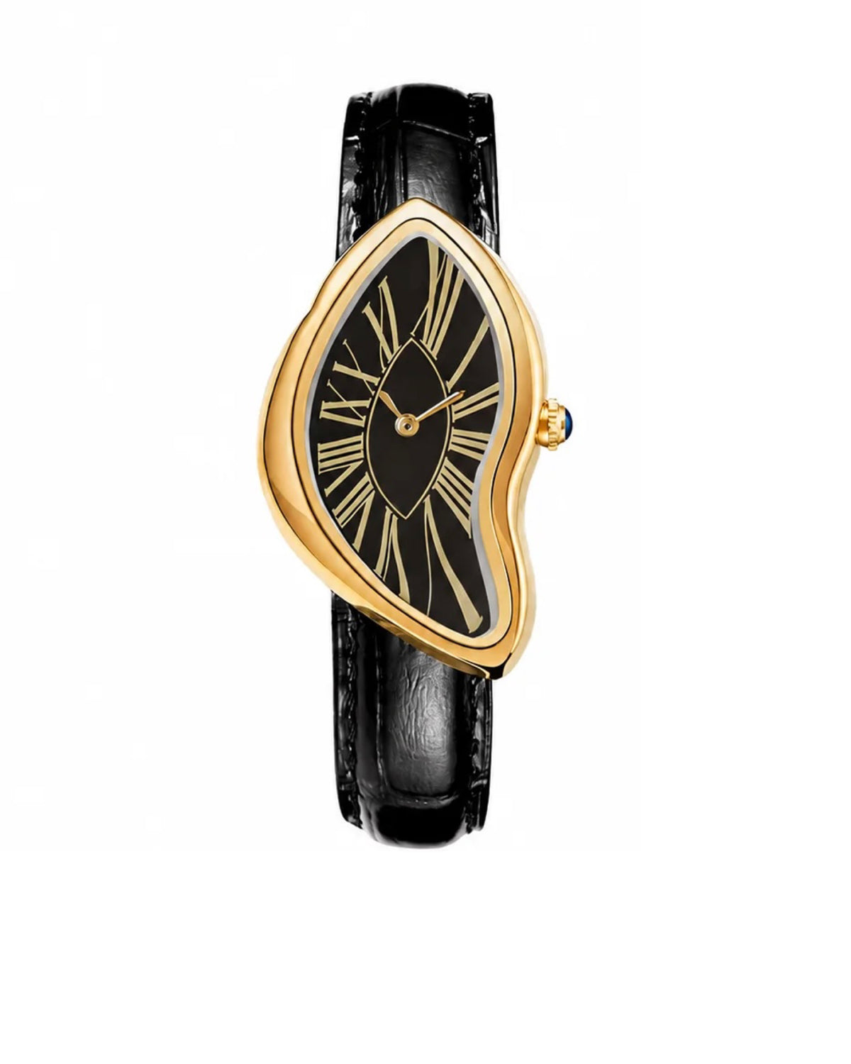 Elegant Melted Dial Quartz Watch – Gold Case & Black Leather Strap