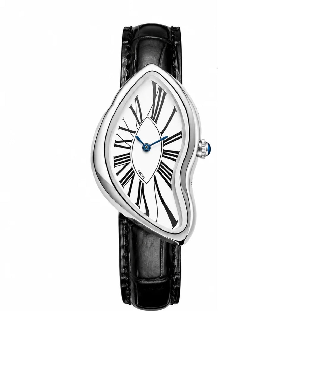 Elegant Melted Dial  Watch – Silver Case & Black Leather Strap