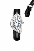 Elegant Melted Dial Women’s Quartz Watch – Silver Case & Black Leather Strap