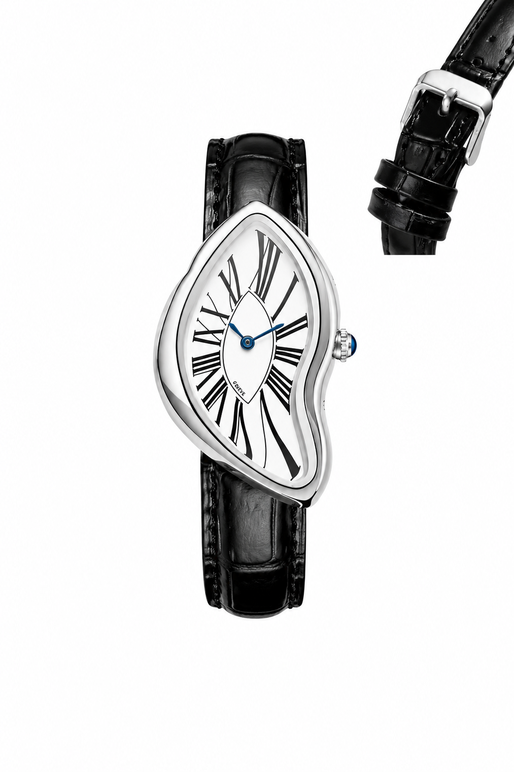 Elegant Melted Dial Women’s Quartz Watch – Silver Case & Black Leather Strap