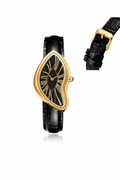 Elegant Melted Dial Women’s Quartz Watch – Gold Case & Black Leather Strap