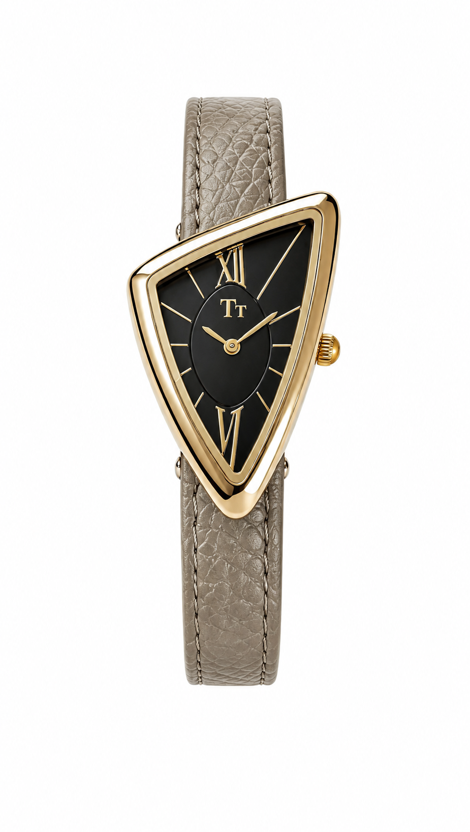 Luxury Triangular Gold-Tone Wristwatch with Black Dial and Textured Leather Strap