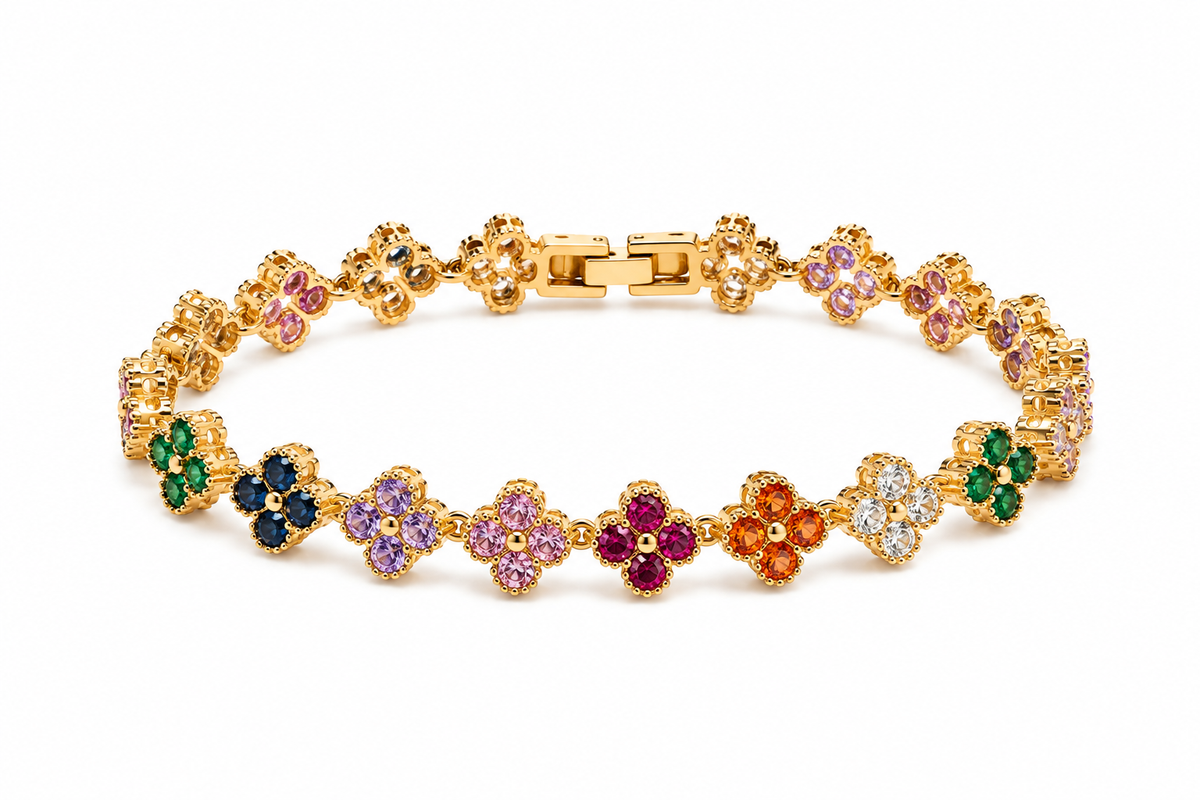 Gold-Tone Multicolor Floral Stainless Steel Tennis Bracelet