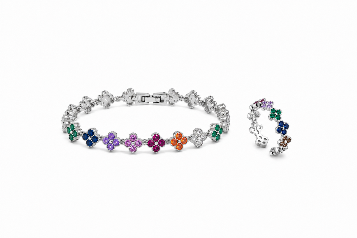 Blossom Rainbow Jewelry Set – Bracelet & Ring with Colorful Crystal Flowers