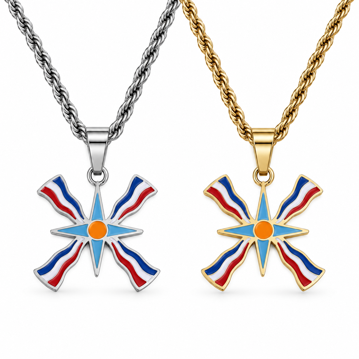 Assyrian map/flag pendant necklace in gold/silver