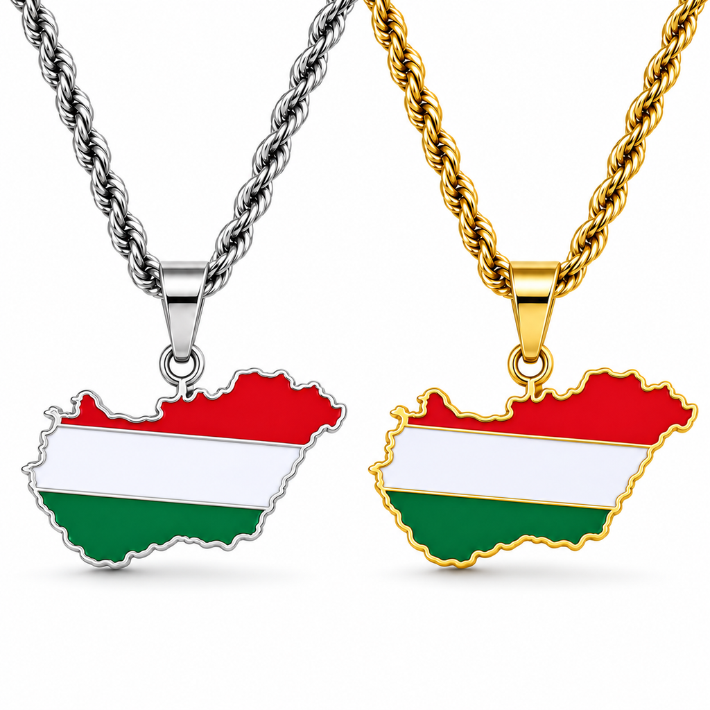 Hungary map/flag pendant necklace in gold/silver